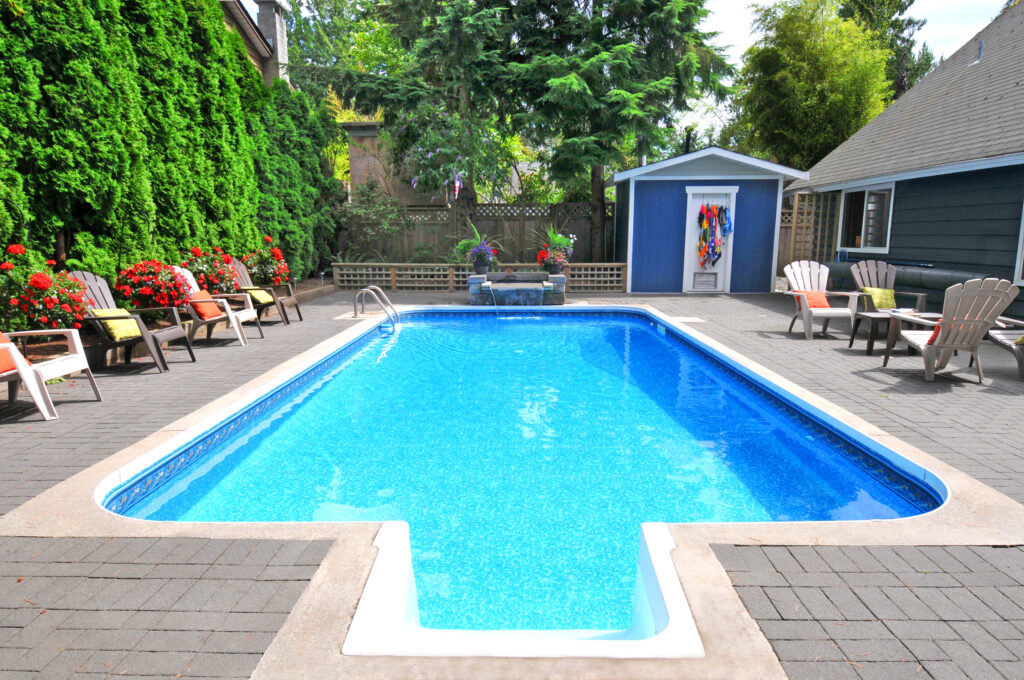 A photo of a well-landscaped in-ground pool.